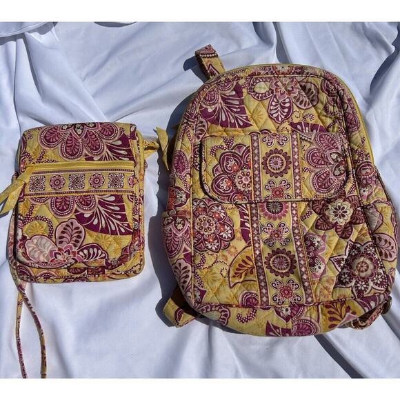 Vera Handbags - Vera Bradley Bali‎ Gold Small Backpack/ Crossbody Purse Pink Yellow Floral